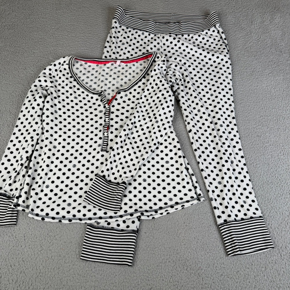 Victoria's Secret Pajama Set Womens XL White Black Polka Dot Waffle Knit Thermal
